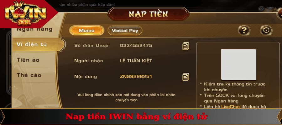 Nạp Tiền IWIN 3 Nạp tiền vào hệ thống IWIN nhanh chóng trong vòng 1 phút